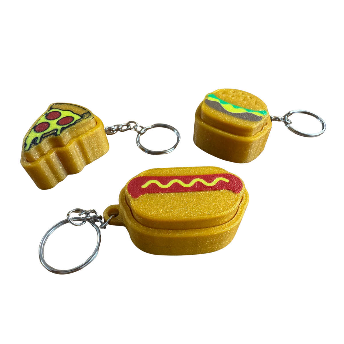 image of burger, pizza, and hot dog key chain clickers